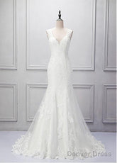 Elegant Tulle V-Neck Neckline Mermaid Wedding Dress With Beaded Lace Appliques